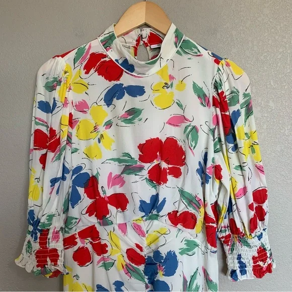 Rixo Feminine & Flirty Floral Puff Sleeve Maxi Dress Size 8 Ivory Red Blue NWT - Picture 4 of 17